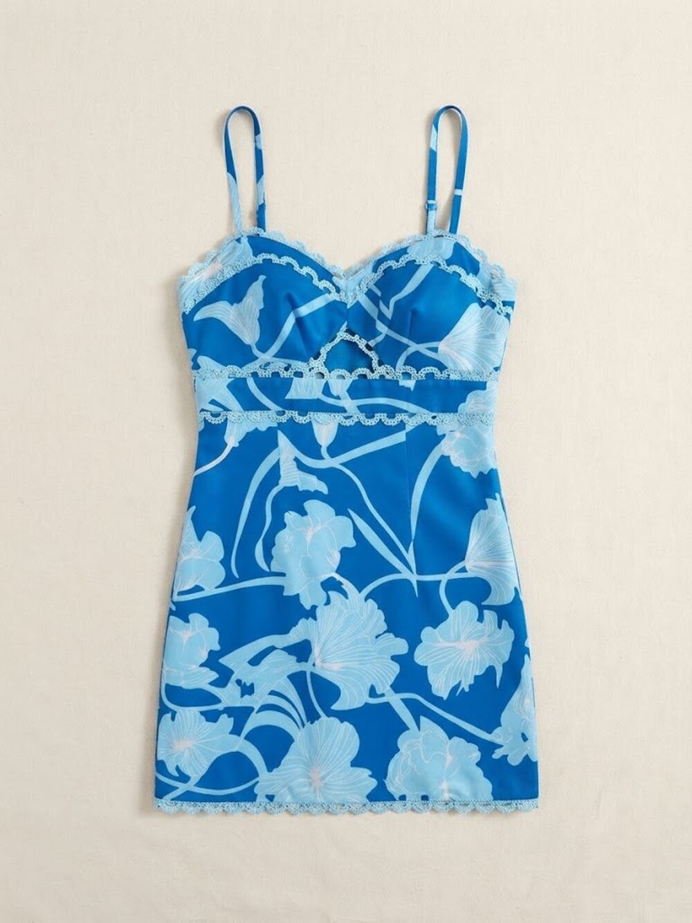 Blue Floral Cami Mini Dress Y2K Aesthetic Cutout Lace Trim Large EUC